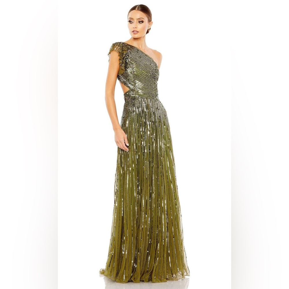 Mac Duggal Olive Green One-Shoulder Sequin Maxi Gown